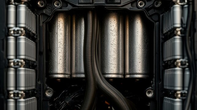 Close-up of a metallic, industrial engine component with pipes, bolts, and a textured surface showing detailed mechanical craftsmanship.