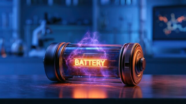 A futuristic glowing battery with visible electric sparks inside, set against a blurred laboratory background.