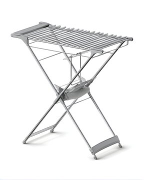 Minimal metal folding clothes drying rack, laundry utility isolated on white background