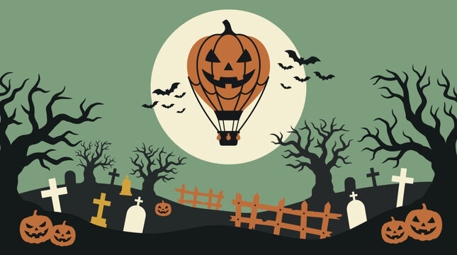 A spooky halloween background featuring a pumpkin hot air balloon floating over a dark graveyard with a full moon and bats