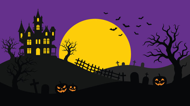A spooky halloween background featuring a haunted castle silhouette under a large yellow full moon with bats and carved pumpkins