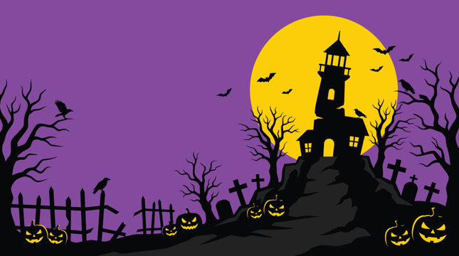 A spooky halloween background featuring a haunted house silhouette on a hill with a large yellow moon and purple night sky