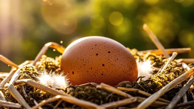 A single speckled brown bird egg sitting in a straw nest at sunrise