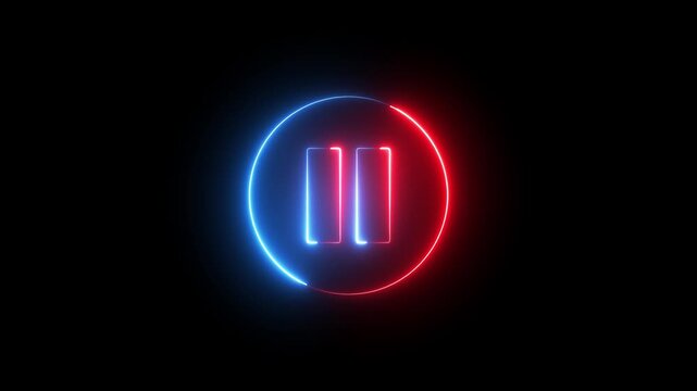 Neon pause button sign icon animation glowing red and blue color player pause circle stop music video and audio media control sign symbol on black background