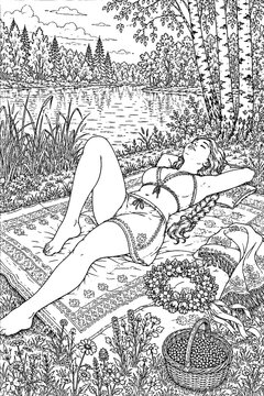 A relaxed young woman rests on a patterned blanket beside a lily-covered lake, accompanied by a flower wreath and picnic basket in a richly detailed summer coloring scene.