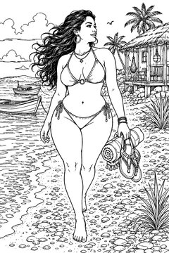 A confident woman walks along a tropical shoreline carrying sandals and a rolled towel, with boats, palms, and a rustic hut forming a relaxed monochrome vacation illustration.