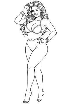 A smiling young woman poses confidently in a bikini while adjusting sunglasses, presented as a clean black and white fashion outline with generous blank space.