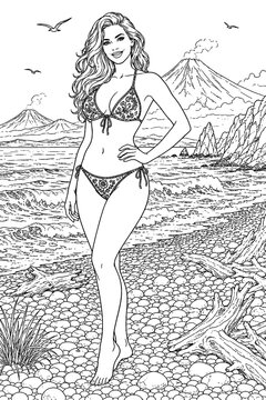A smiling woman poses on a rocky island coast with active volcanoes, seabirds, waves, and driftwood in a striking black-and-white coloring illustration.