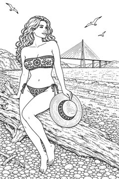 A relaxed adult leans against driftwood while holding a wide-brimmed hat, enjoying a quiet pebble shore with rolling waves and a modern bridge in detailed monochrome art.