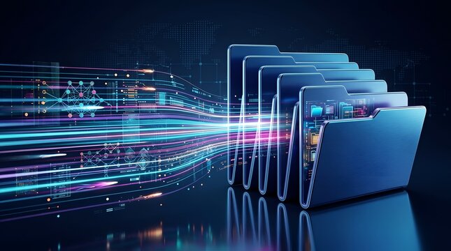 Complex digital information and data streams migrating into digital folders for secure electronic archiving and database management