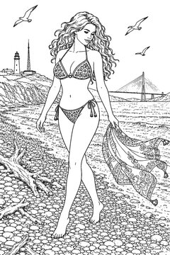 A serene adult walks barefoot with a flowing patterned shawl beside a pebble beach, while a lighthouse, bridge, waves, and seabirds create a peaceful travel scene.