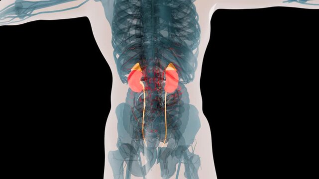 X-Ray Style View of the Human Body Highlighting the Kidneys and Urinary System Anatomy, 3d render