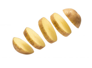 Obraz premium Fresh raw potato slices floating isolated on transparent background