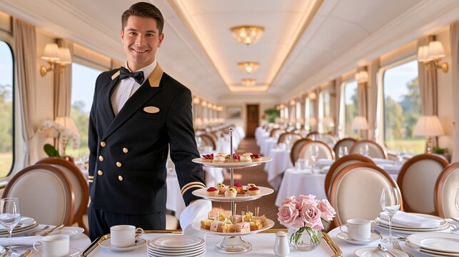 Smiling waiter serving food on train