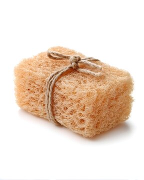 Natural sisal bath sponge with rough texture, hygiene accessory isolated on white background