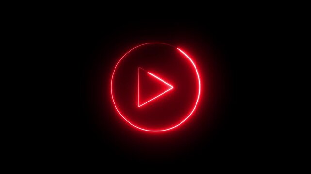 Neon Play button sign icon animation glowing blue color circle media audio and video music stop player pause press click push start button press icon on black background