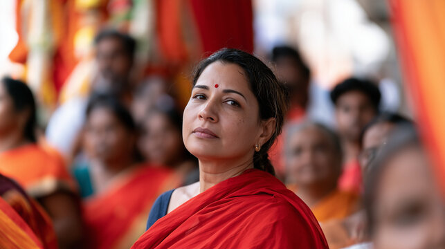 Devout Indian Woman Observing the Sacred Chariot Festival of Thiruvarur with Peaceful Reverence