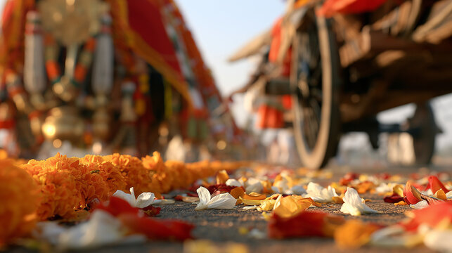 Scattered Flower Petals on the Road During the Sacred Chariot Festival of Thiruvarur Celebration