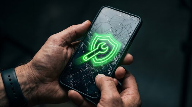 Broken smartphone screen with digital glowing repair warranty shield