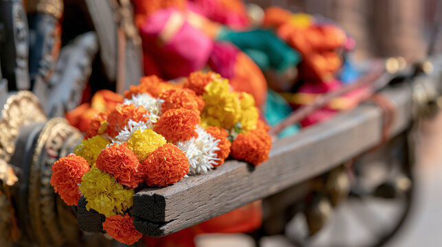 Traditional Floral Decoration on a Chariot Festival of Thiruvarur During a Sacred Indian Ritual