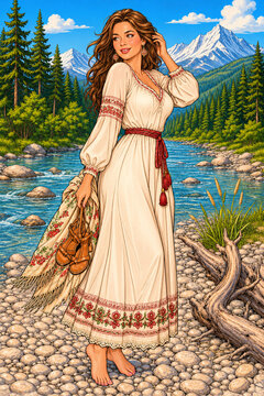 An elegant brunette woman stands beside a clear mountain river holding traditional footwear, with alpine peaks, evergreen forest, rounded stones, and a peaceful illustrated atmosphere.
