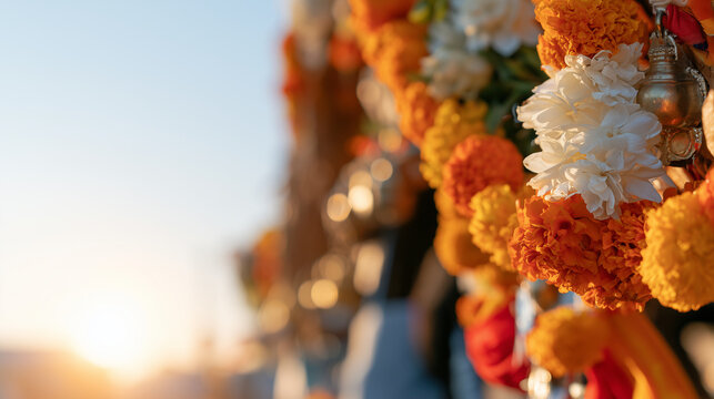 Beautiful Floral Decorations Adorning the Chariot Festival of Thiruvarur at Golden Hour Sunset