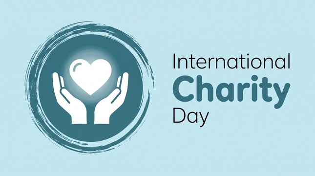 International Charity Day banner with heart and hands icon, humanitarian aid concept, blue social awareness graphic for non-profit organizations
