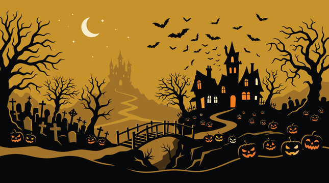 A spooky halloween background featuring a haunted house silhouette with bats flying under a crescent moon in a dark orange sky