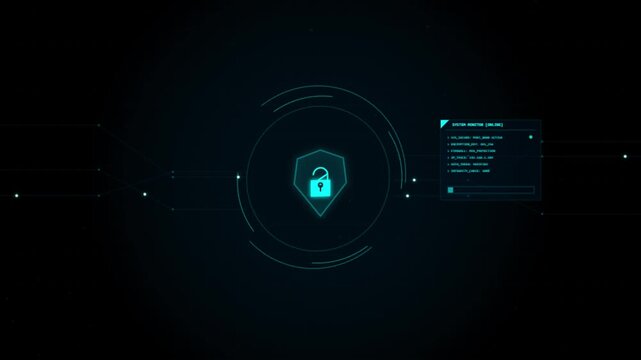 Digital security network interface featuring glowing unlocked padlock icons and data processing hud elements with displays futuristic digital against dark background