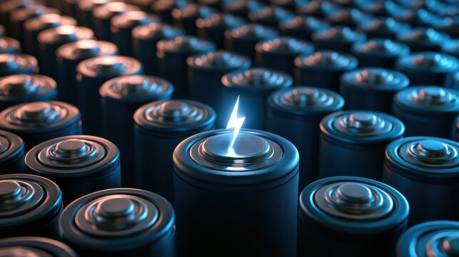 A close-up of numerous cylindrical batteries with one battery glowing with a bright electric spark on top.