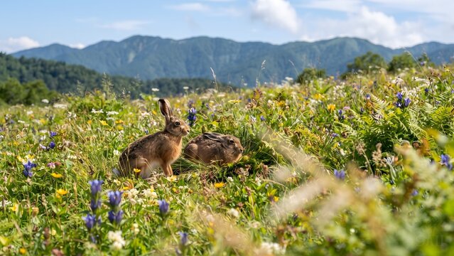 Two Japanese Hares in a Summer Alpine Meadow with Mountain Background