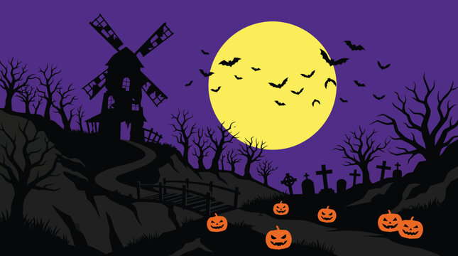 A spooky halloween background featuring a glowing full moon silhouette of a windmill and carved pumpkins in a dark purple night landscape