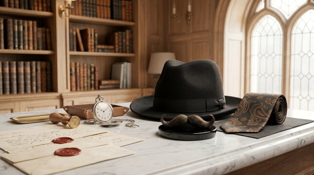 Vintage Gentleman's Accessories Arranged on a Desk with Bookshelf Background