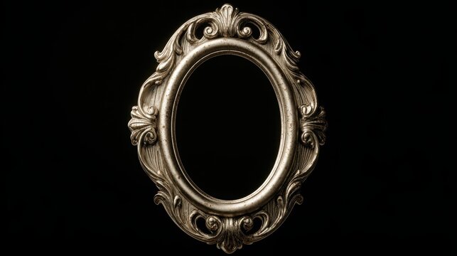 An ornate antique silver oval picture frame with elaborate detailing against a dark void