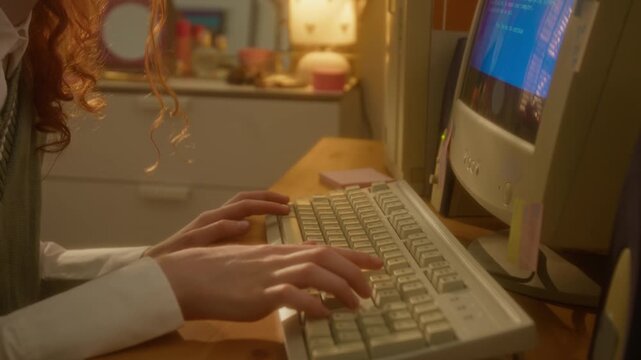 Caucasian teenage girl typing on retro computer keyboard, encountering blue screen system error and turning off monitor in frustration. Clip is ideal for tech support or cybersecurity commercials