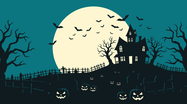 A spooky halloween background featuring a haunted house silhouette under a giant full moon with flying bats and glowing jack o lanterns