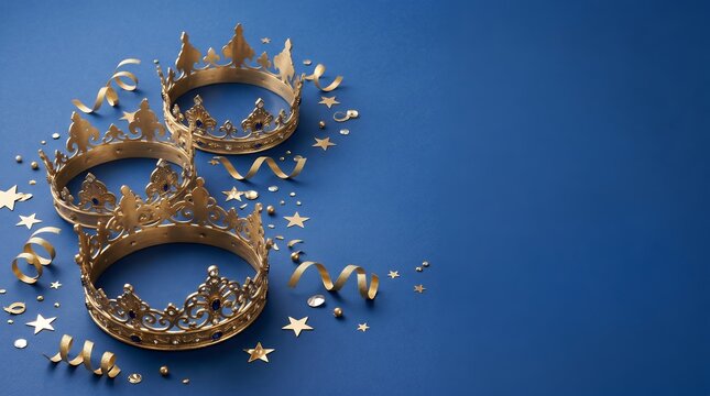 Golden Ornate Regal Crown Accessories Scattered with Confetti and Streamers on a Deep Blue Background