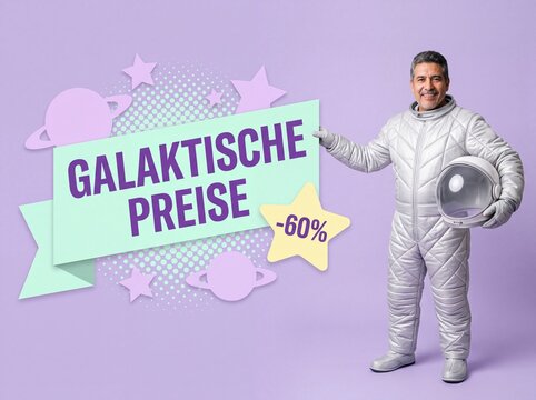 Astronaut zeigt Galaktische Preise Sale Banner mit Rabatt