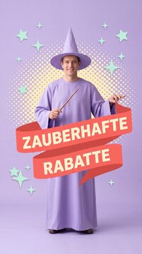 Zauberer ber&uuml;hrt Banner mit zauberhaften Rabatten in Totale