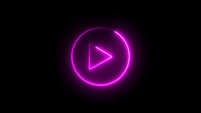 Neon Play button sign icon animation glowing blue color circle media audio and video music stop player pause press click push start button press icon on black background