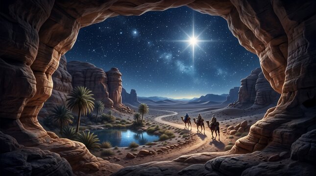 Majestic Desert Landscape with Travelers and Starry Night Sky View from Cave Entrance