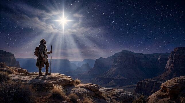 Majestic Star Guiding a Lone Traveler Across Vast Desert Landscape