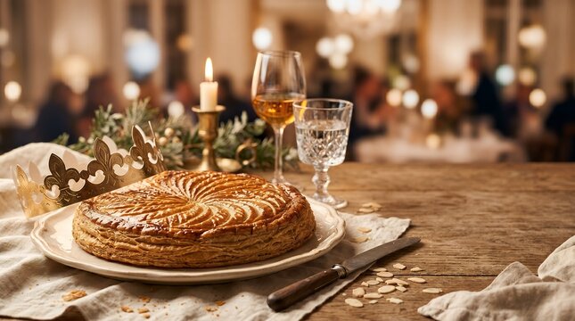 Golden Crown And Traditional French Galette Des Rois Cake On Rustic Wooden Table With Candle And Drink