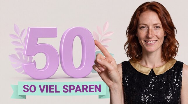 50 Prozent sparen Frau zeigt auf Zahlenskulptur