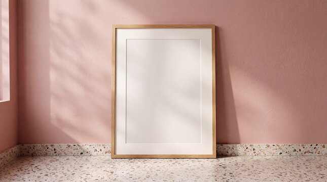 Blank wooden picture frame leaning against a dusty pink wall on a terrazzo floor.