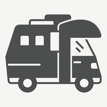 Camper van solid icon, motorhome, camping trailer concept. Vector graphics. Mobile housing, transport sign with glyph style icon for mobile or web design