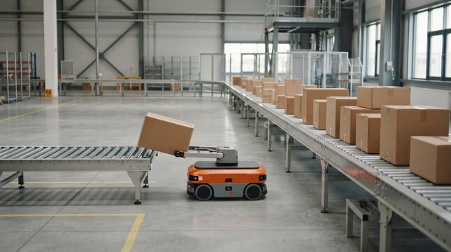 Autonomous orange AGV robot transferring cardboard box onto warehouse conveyor belt