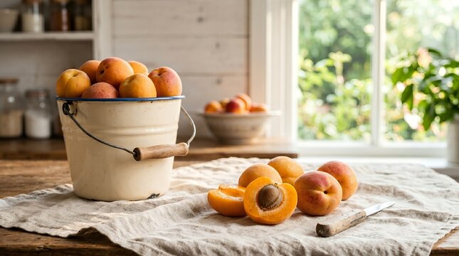 Fresh Apricots Harvested and Stored in an Old Metal Bucket on a Rustic Wooden Table