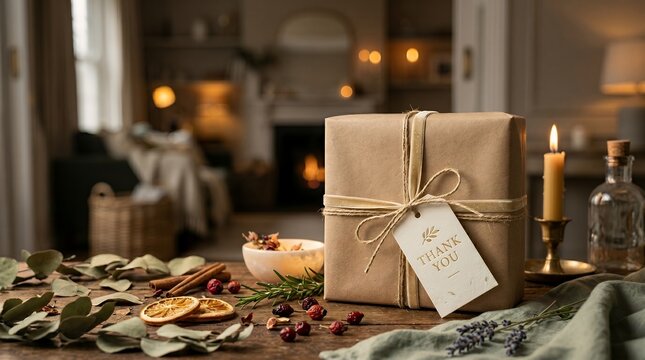 Warmly Wrapped Gift Box Tied With Natural Twine Showing a Thank You Tag on Wooden Surface