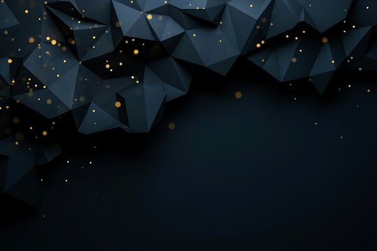 Dark geometric abstract background with polygonal shapes, glowing golden particles, modern digital design texture, futuristic 3D surface pattern flat vector illustration